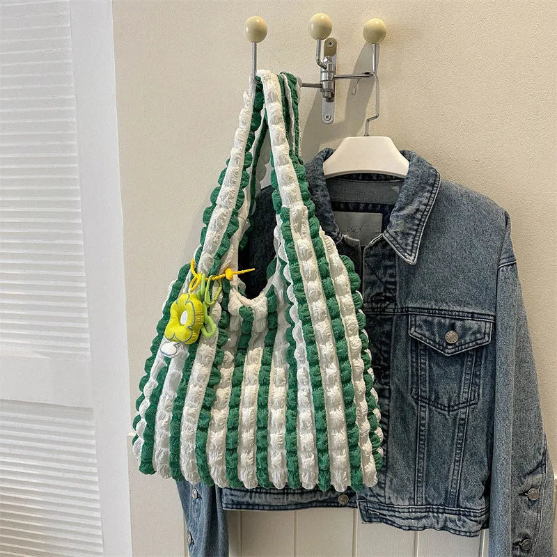 Pleated bubble shoulder bag in square vertical design with pendant accessory in various colour options