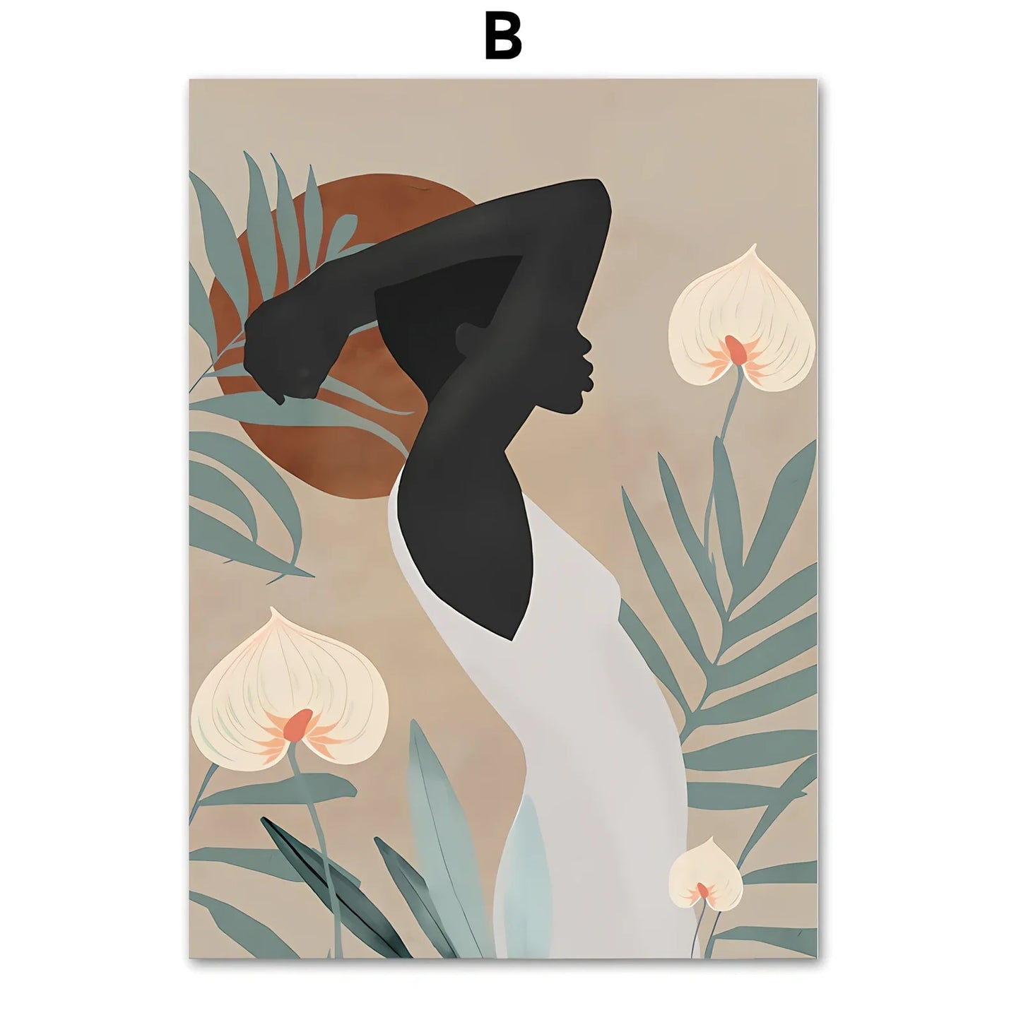 Frameless abstract canvas painting of African women with flower and leaf patterns, spray-painted oil on rectangular canvas, sizes up to 60x100cm