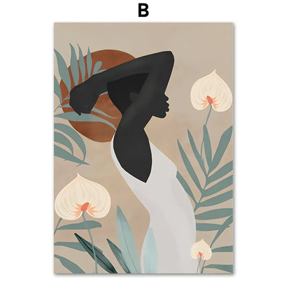 Frameless abstract canvas painting of African women with flower and leaf patterns, spray-painted oil on rectangular canvas, sizes up to 60x100cm
