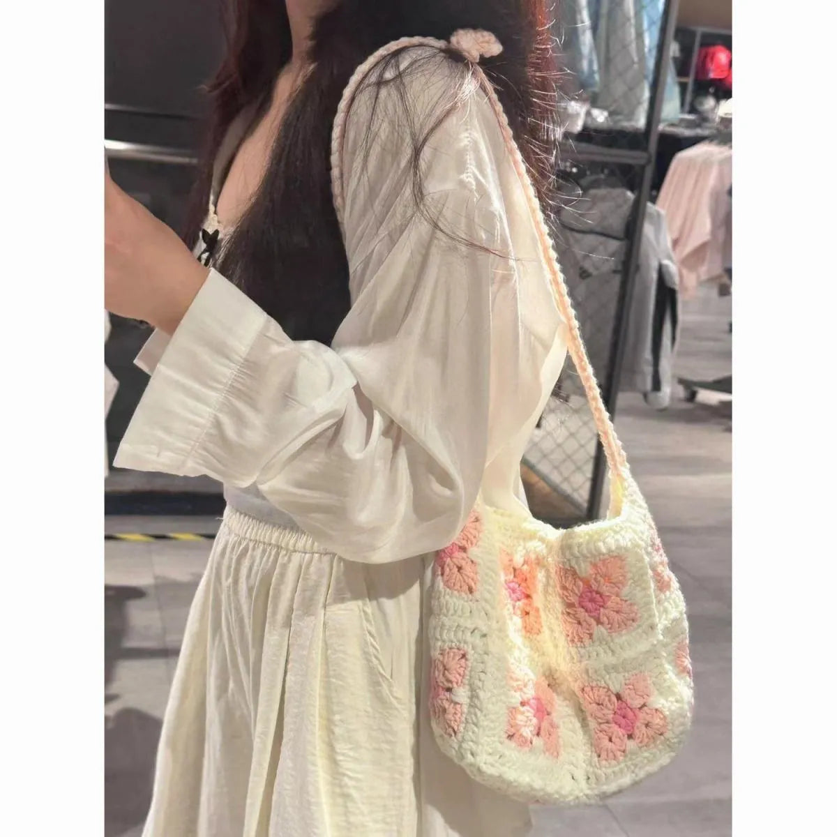 Handmade crochet cherry blossom cotton handbag with magnetic closure in pink or green