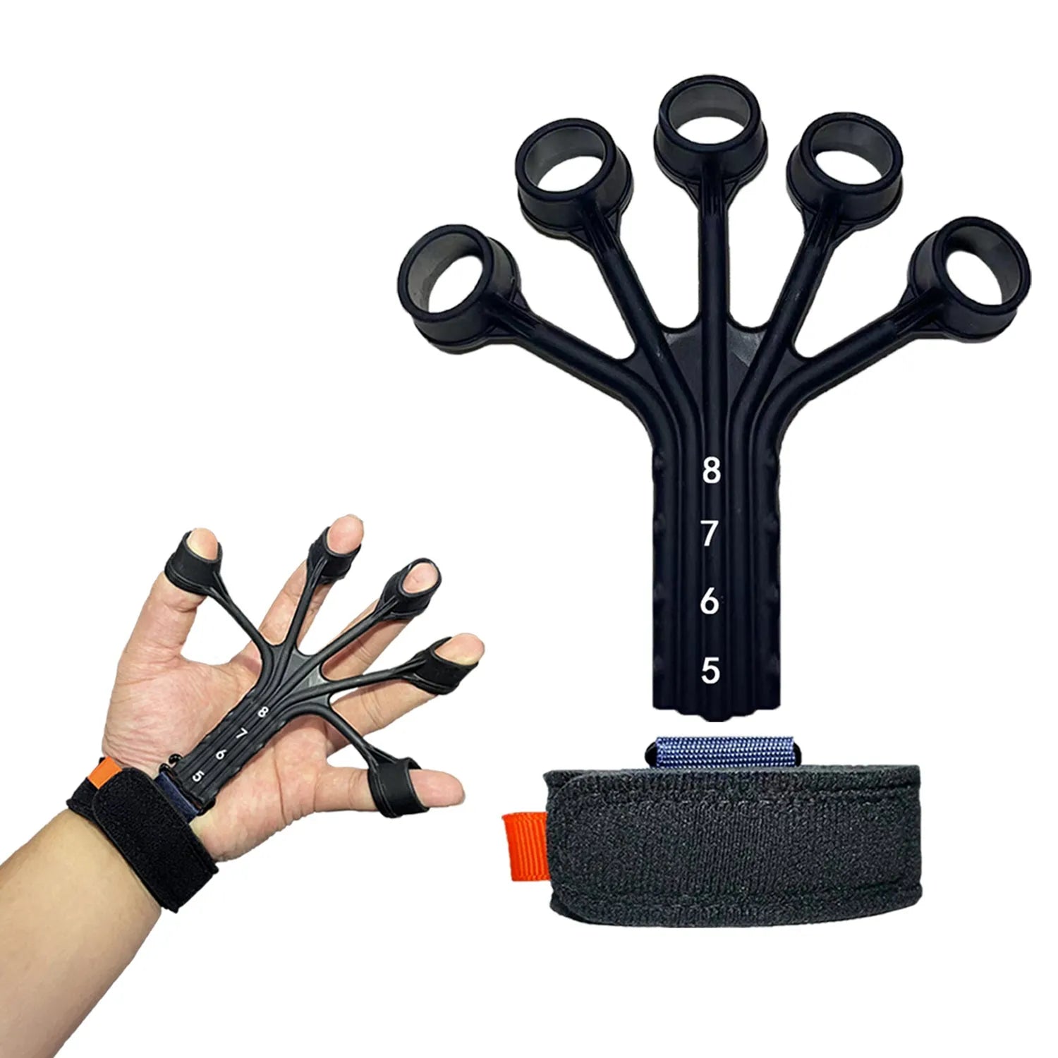 Black silicone finger tension rope trainer with adjustable belt on a grey background.