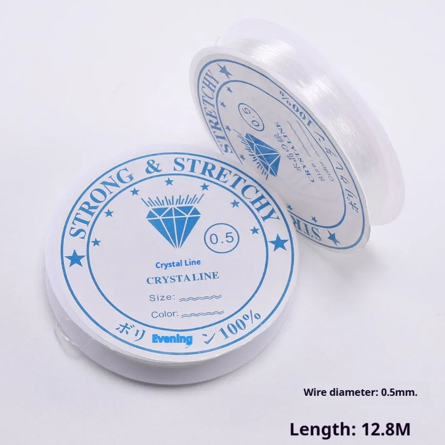 Transparent white elastic cord on spool for DIY jewellery making with diameter options from 0.4mm to 1.0mm
