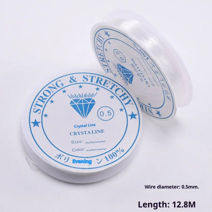 Transparent white elastic cord on spool for DIY jewellery making with diameter options from 0.4mm to 1.0mm