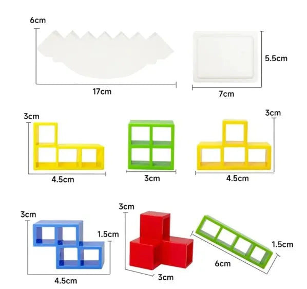 Plastic balance stacking game with 16 colourful blocks, chassis, and base for kids and adults