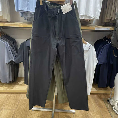 Men's straight leg work trousers in bamboo fibre fabric with micro elasticity stretch available in black, olive, and beige colours.
