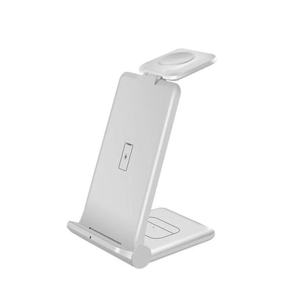 Black and white 3-in-1 foldable wireless charging station for phone, watch, and earbuds.