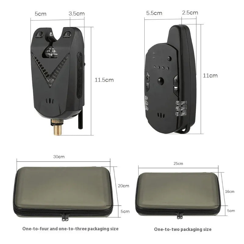 Wireless fishing electronic alarm with remote receiver unit on a green background.