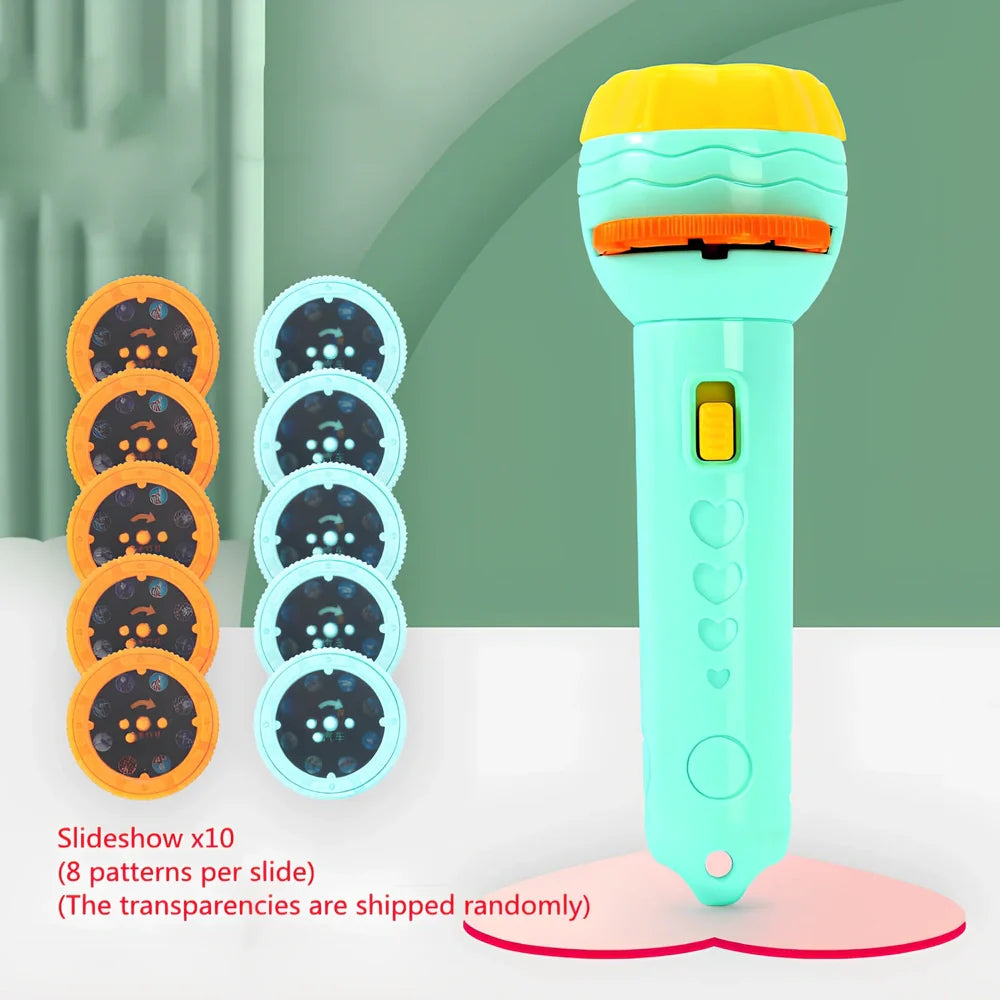 Red cartoon projection flashlight showing rotating lens mechanism for 80 pattern changes