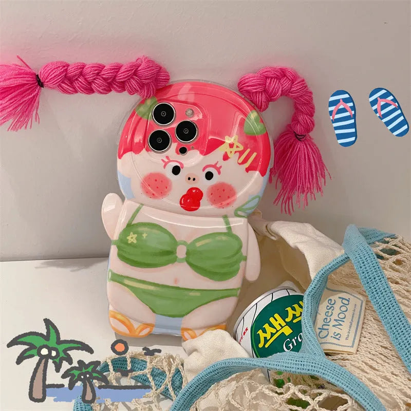 Silicone iPhone case with pink braid green swimsuit girl summer cartoon design