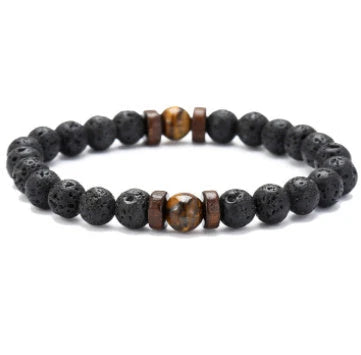 A stylish and durable men's bracelet made with volcanic stone, flash stone, and wood chips