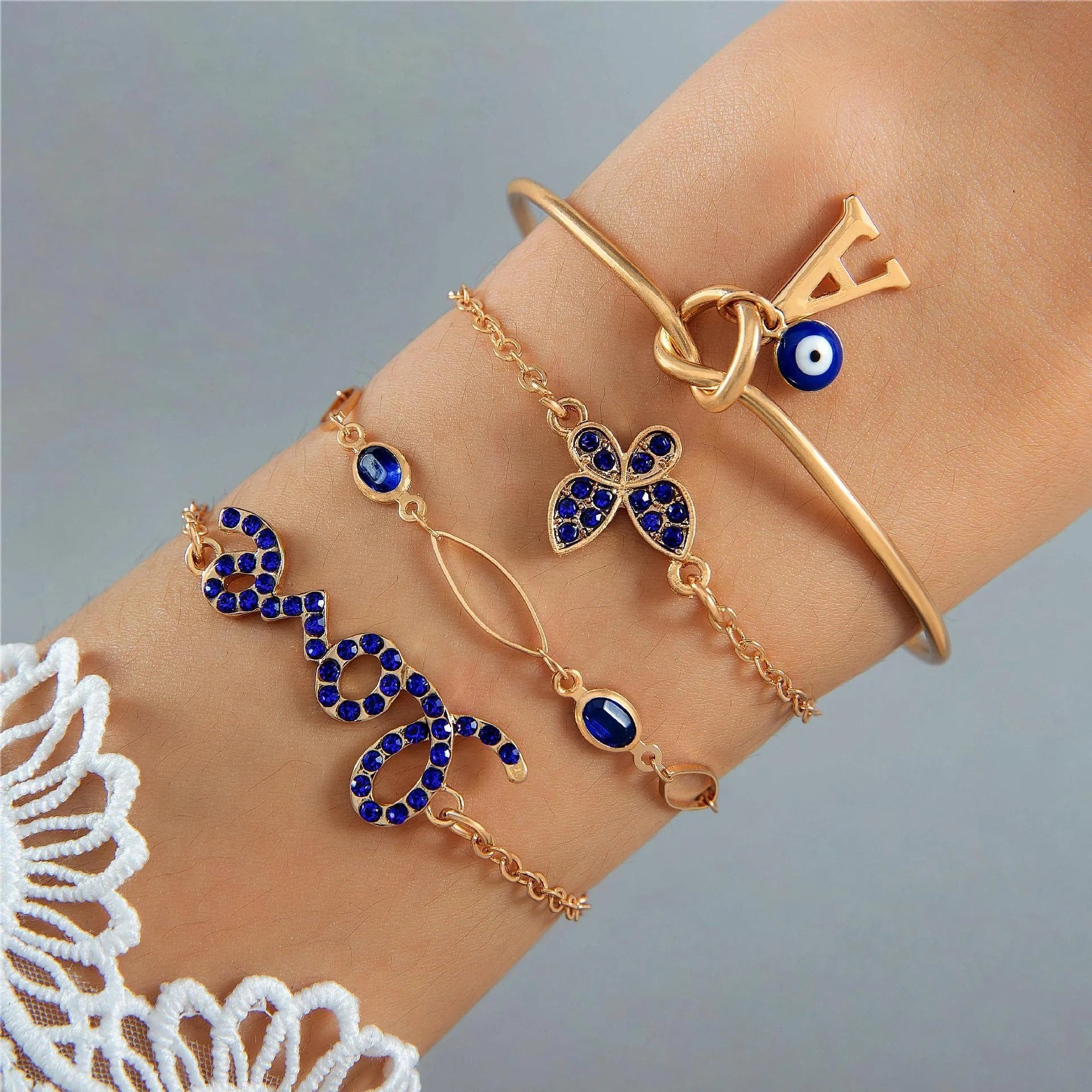 4-piece Blue Flower Love Butterfly Bracelet Set with sparkling rhinestones