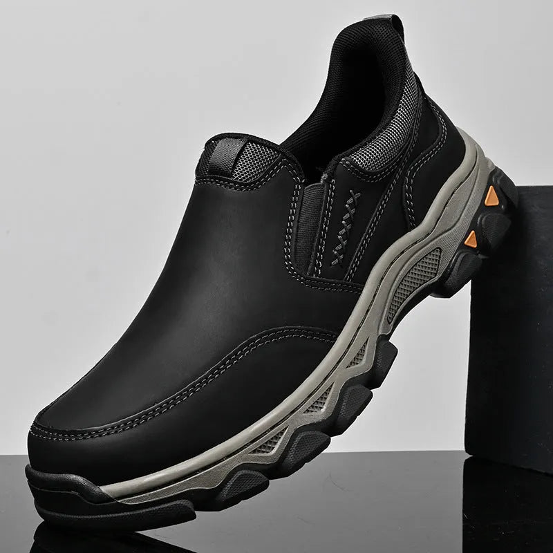 Men's round-toe casual leather shoes with a flat heel and rubber sole in black, brown, or grey.