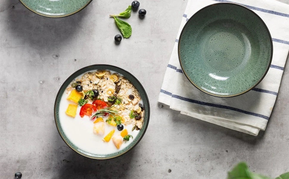 Unique peacock green ceramic bowl set, 30oz each, dishwasher, microwave, and oven safe