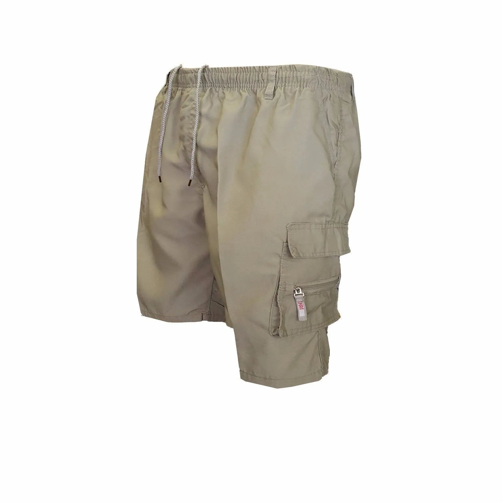 Men's multi-pocket cotton casual shorts in khaki with a drawstring waistband, shown in a loose fit.