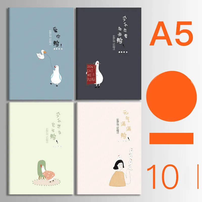 Pack of ten A5 kraft paper thread-bound notebooks with artistic cover designs lying flat.