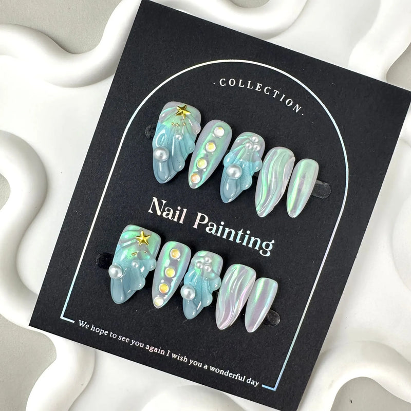 Hailang Shell Nail Stickers Summer Nail Art Wearable Nail Tips Plastic Artificial Nail Kit with Blue Shell Design in Sizes XS, S, M, L for Ladies and Women