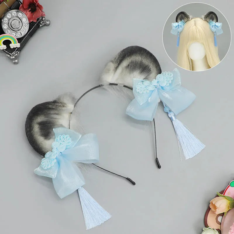 Plush panda animal ears headband with tassel in pink, blue, green and purple, handmade unisex Chinese style hair accessory