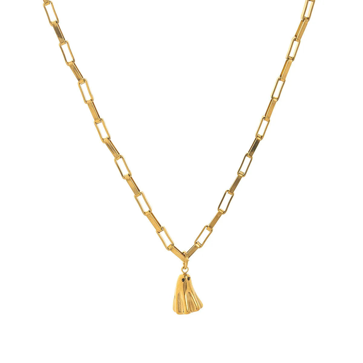 Ghost pendant necklace with titanium steel construction and electroplated finish on twisted chain