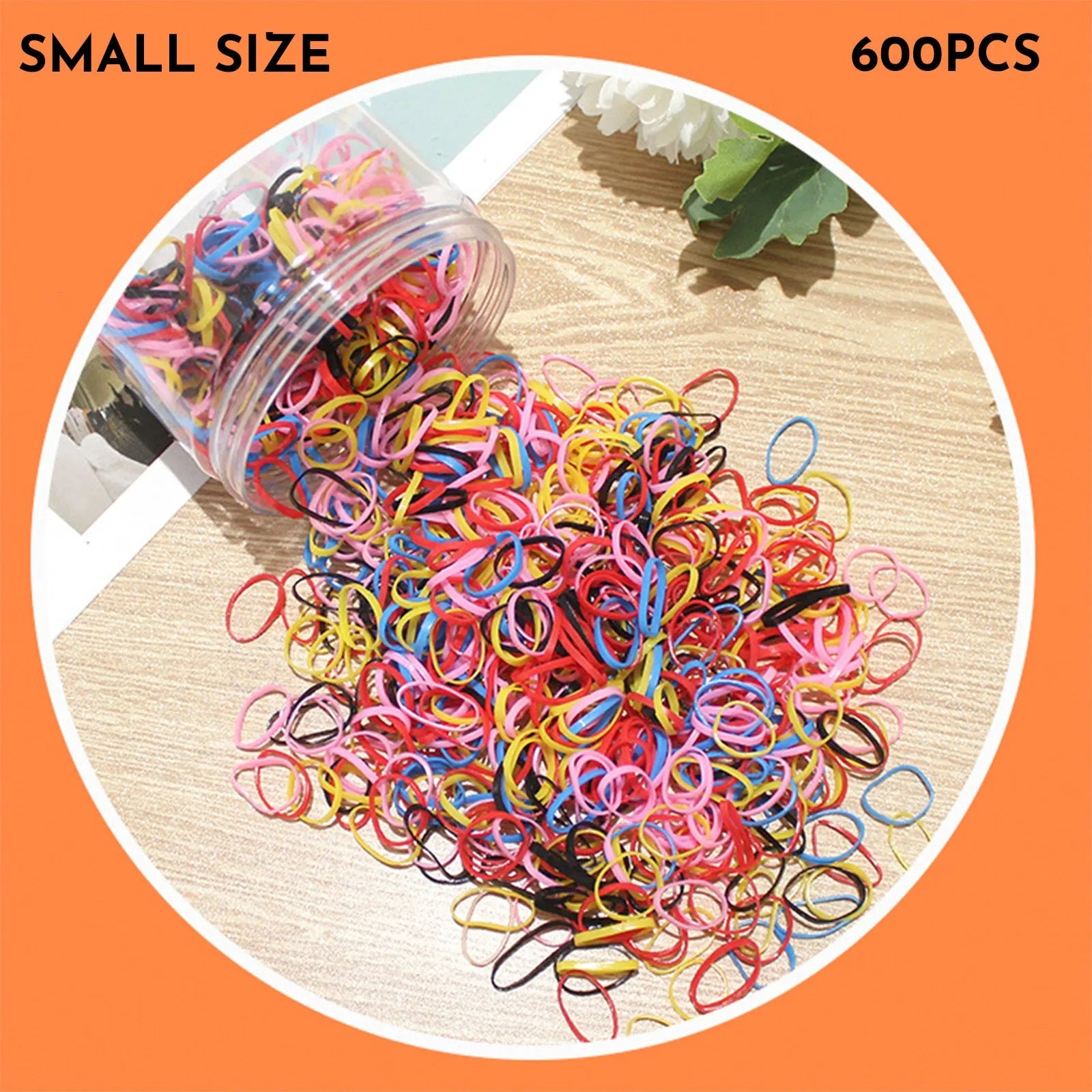 Assorted colourful thin TPU baby hair ties for toddlers and kids in a reusable plastic storage container.
