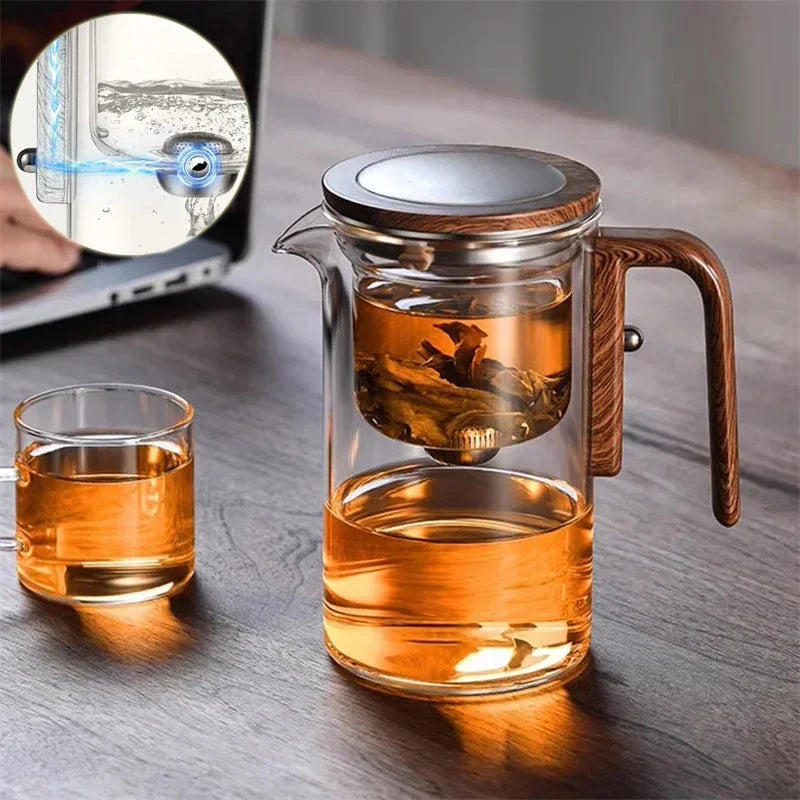 Elegant glass teapot with magnetic water separation filter and wooden handle for brewing and pouring loose leaf tea