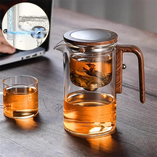 Elegant glass teapot with magnetic water separation filter and wooden handle for brewing and pouring loose leaf tea