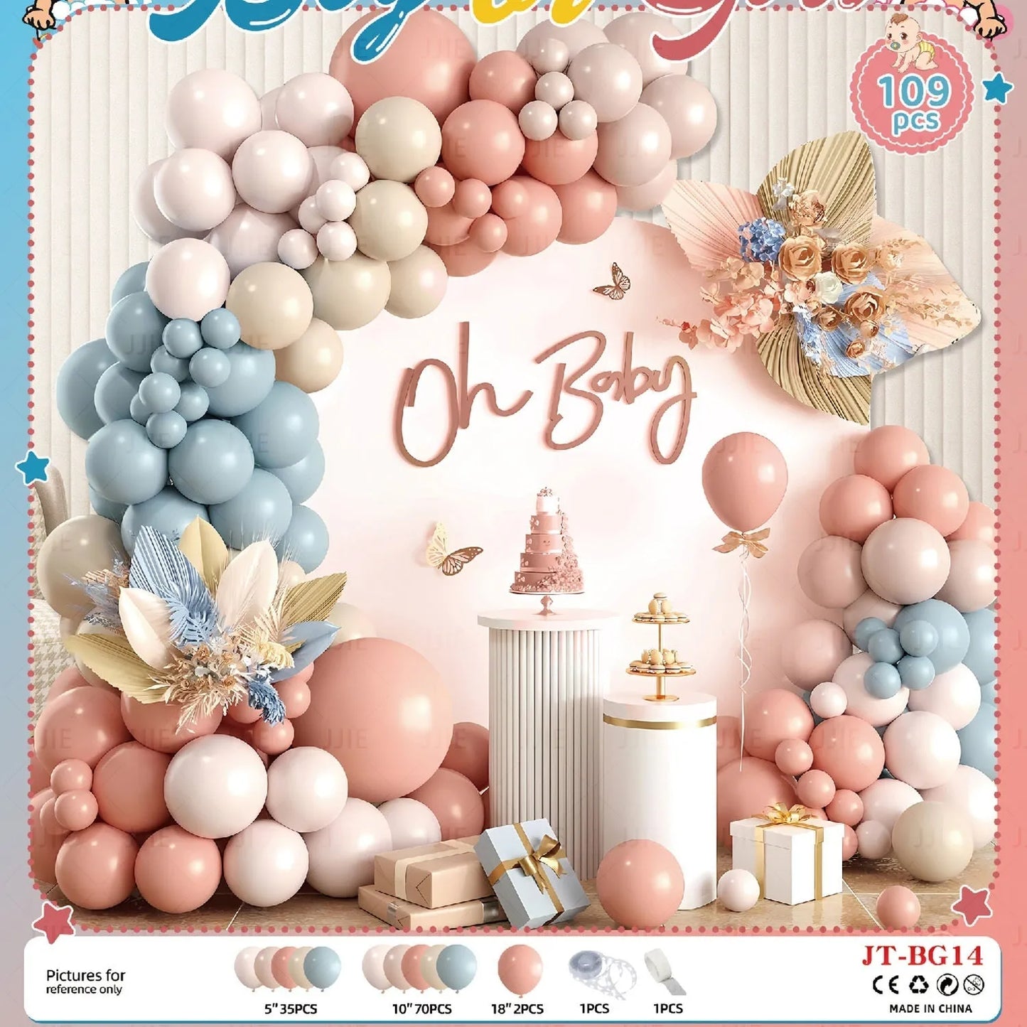 Baby gender reveal balloon decoration suit with metallic aluminium film balloons in pink and blue