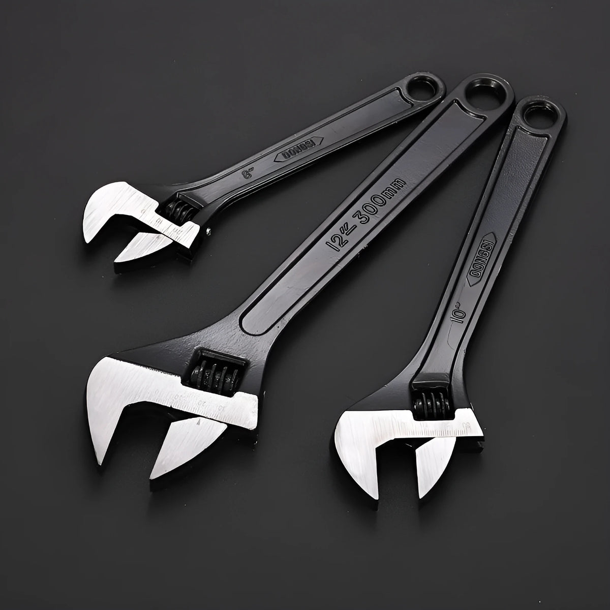 Black-finished high carbon steel adjustable wrench showing adjustable jaw mechanism.