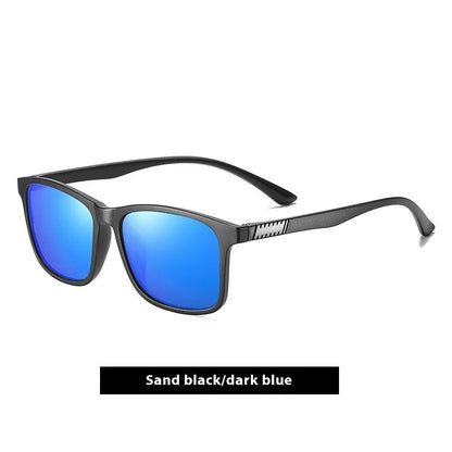 Men's polarised sunglasses with a blue frame and ice blue lenses for outdoor sports and driving.