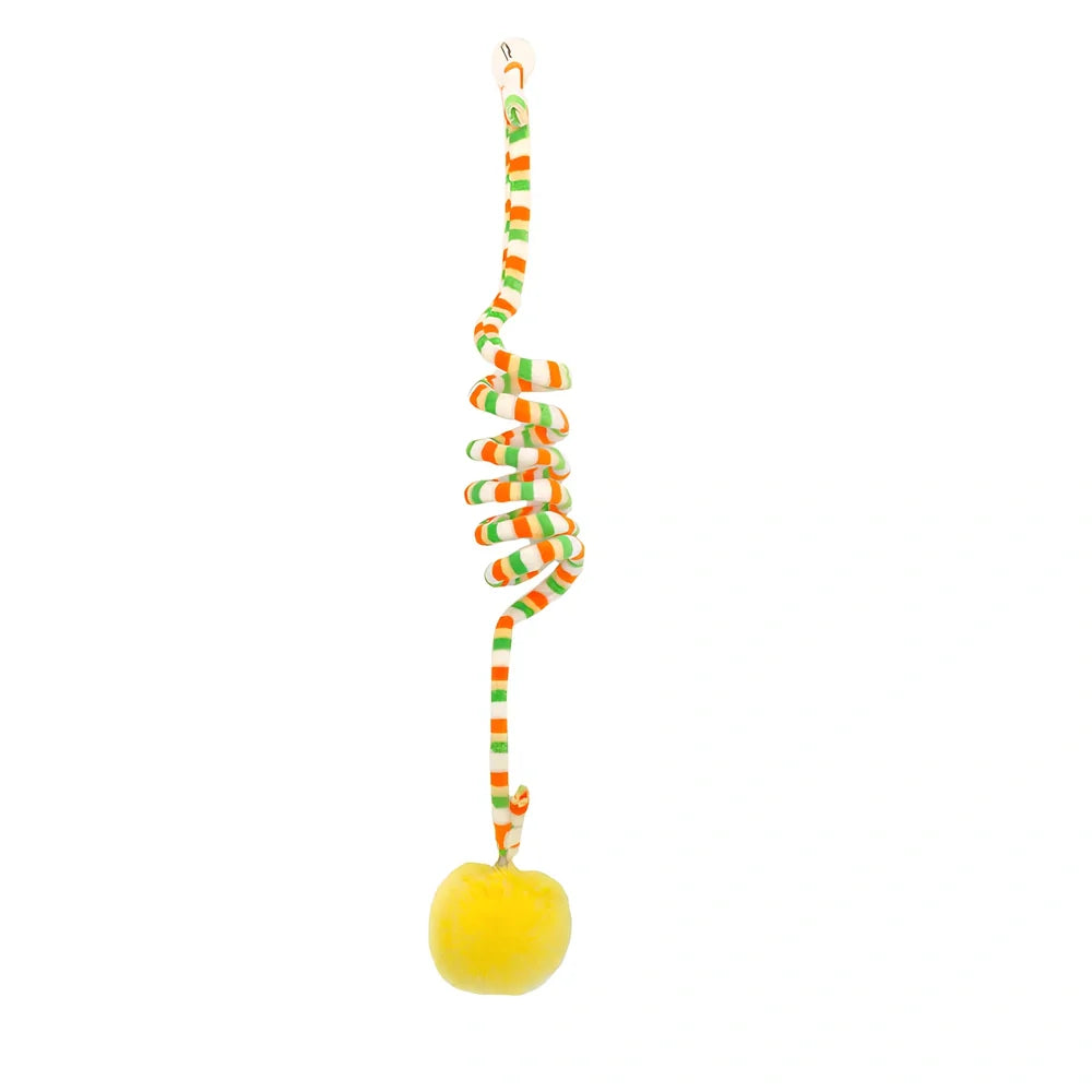 Blue interactive cat hanging toy with 8cm plush ball on 70cm stretch wand to 180cm, sucker base for window play