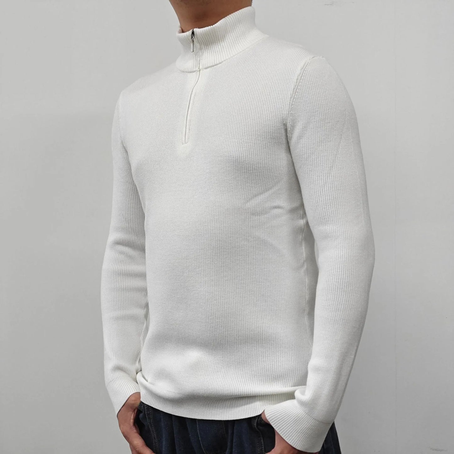 Men's black half-turtleneck zipper sweater with front zip and long sleeves, cotton-blend fabric, British style