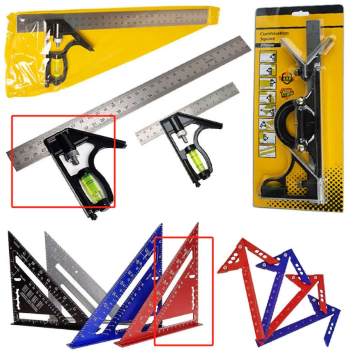 Red thin 7-inch metal combination angle ruler with metric scales on both sides for civil surveying