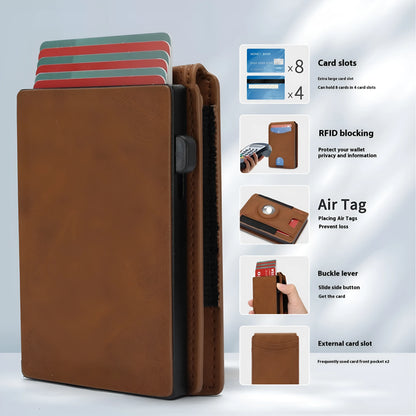 Slim men's synthetic leather card holder wallet shown in black, dark brown, and light brown.