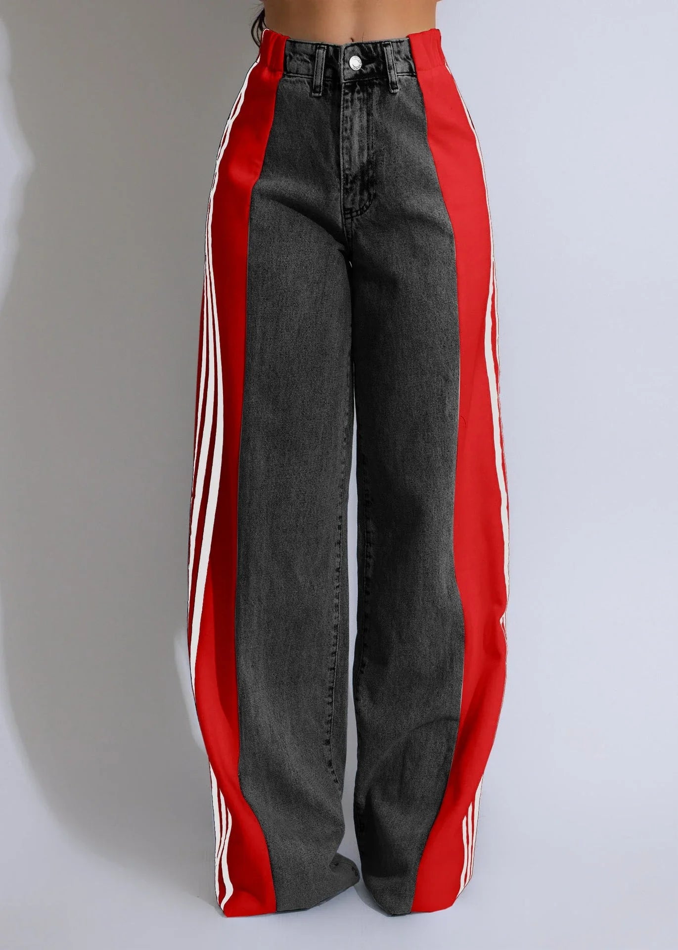 Stylish denim pants with three-stripe patchwork design in various color options
