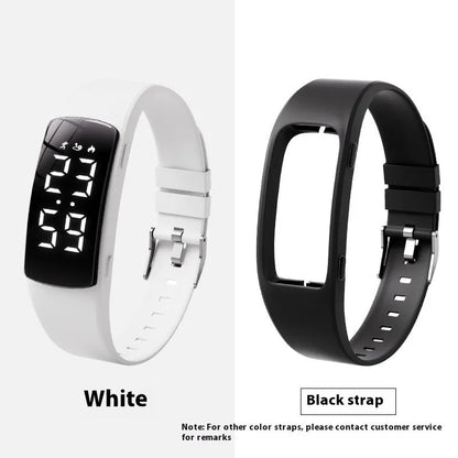 Smart electronic watch with vibration alarm on a silicone strap, showing LED display and 11mm thick case.