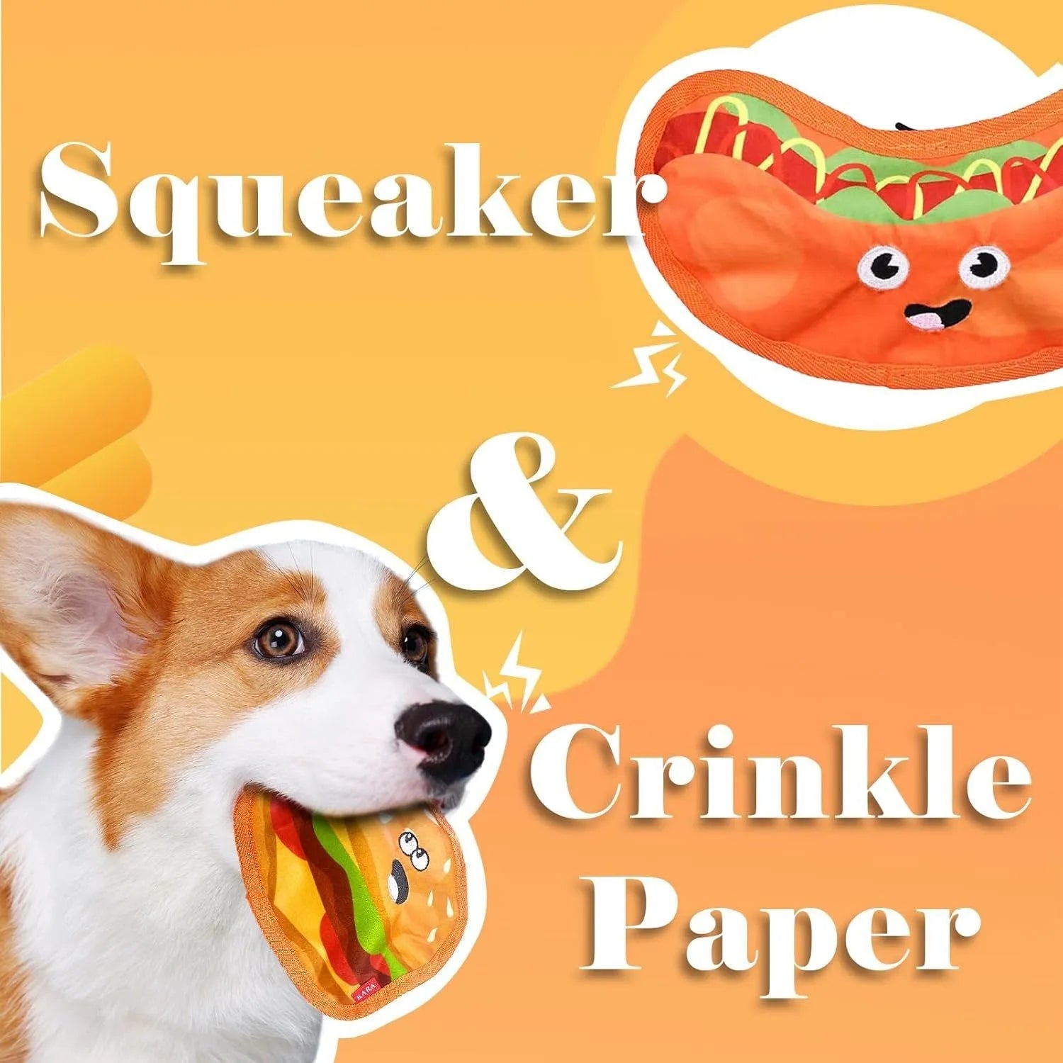Hamburger-shaped crinkle and squeaky dog toy with vivid colours for puppies and dogs
