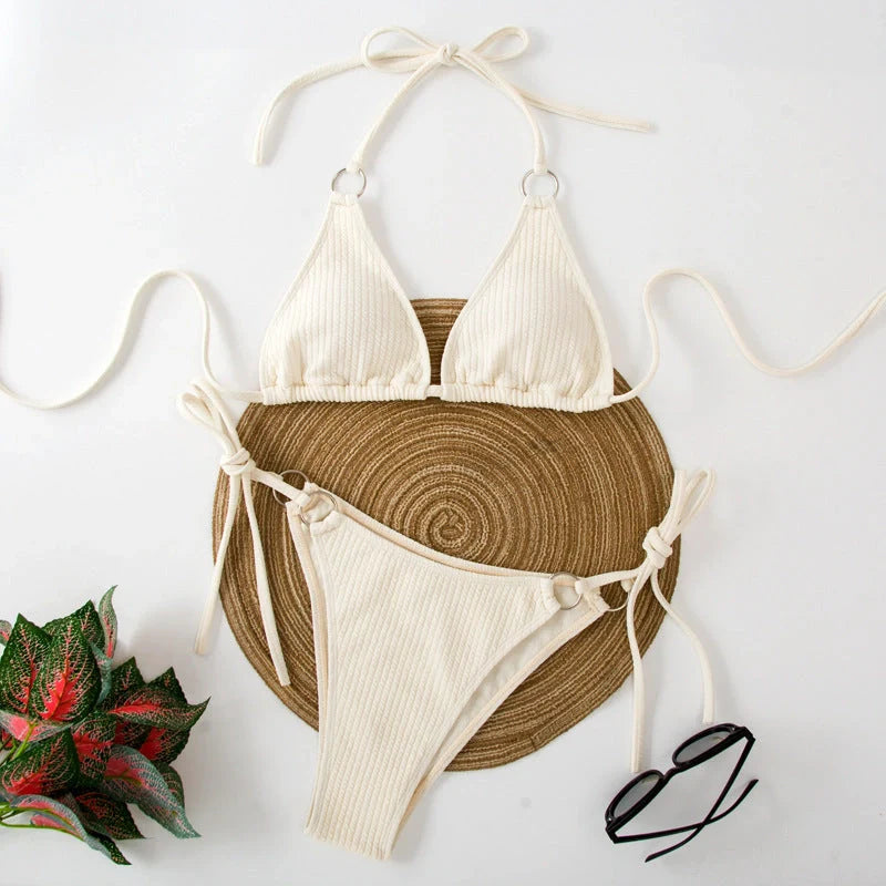 Women's bandage style bikini set with side tie thong in various colours