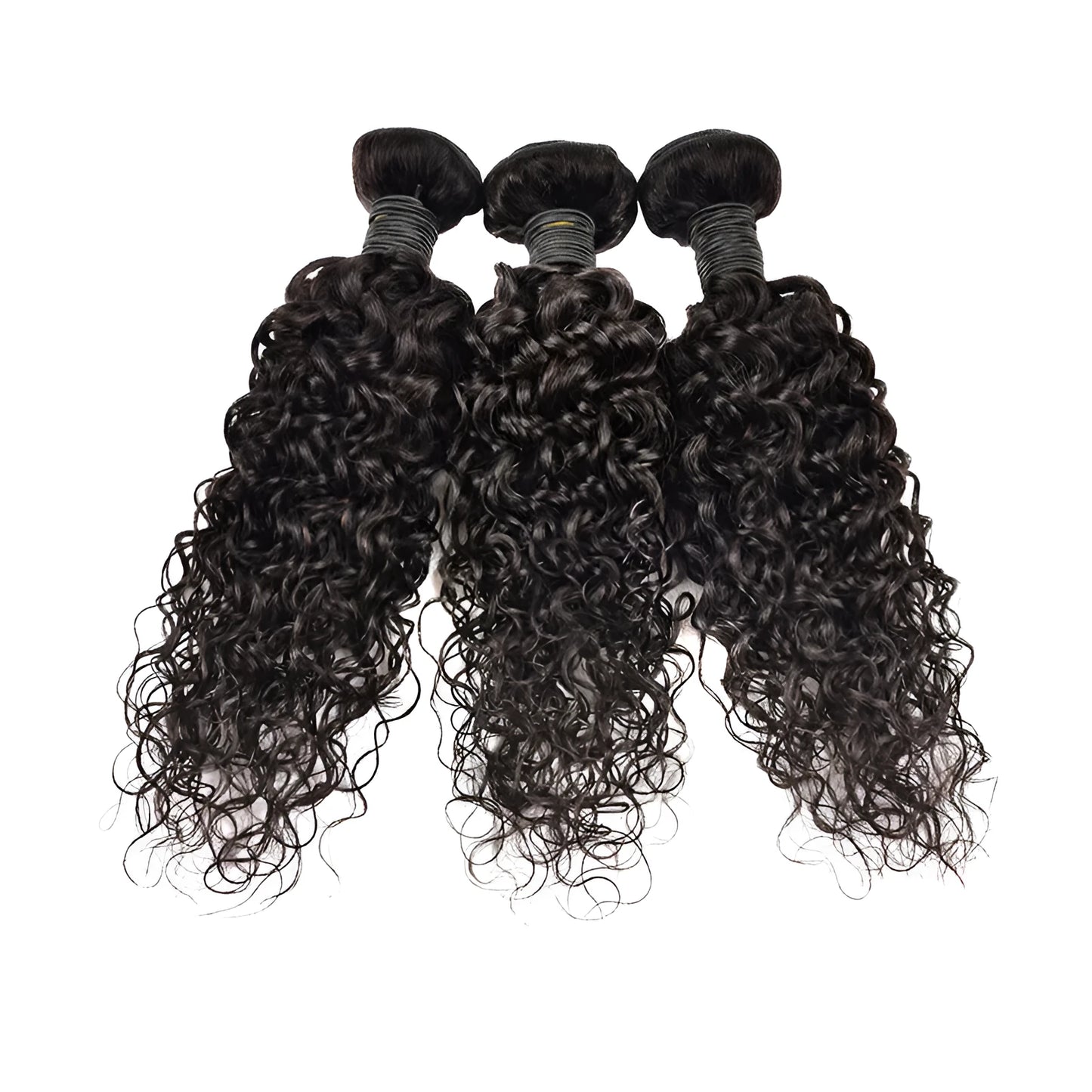 Real human hair water wave extensions in natural colours displayed at various lengths.