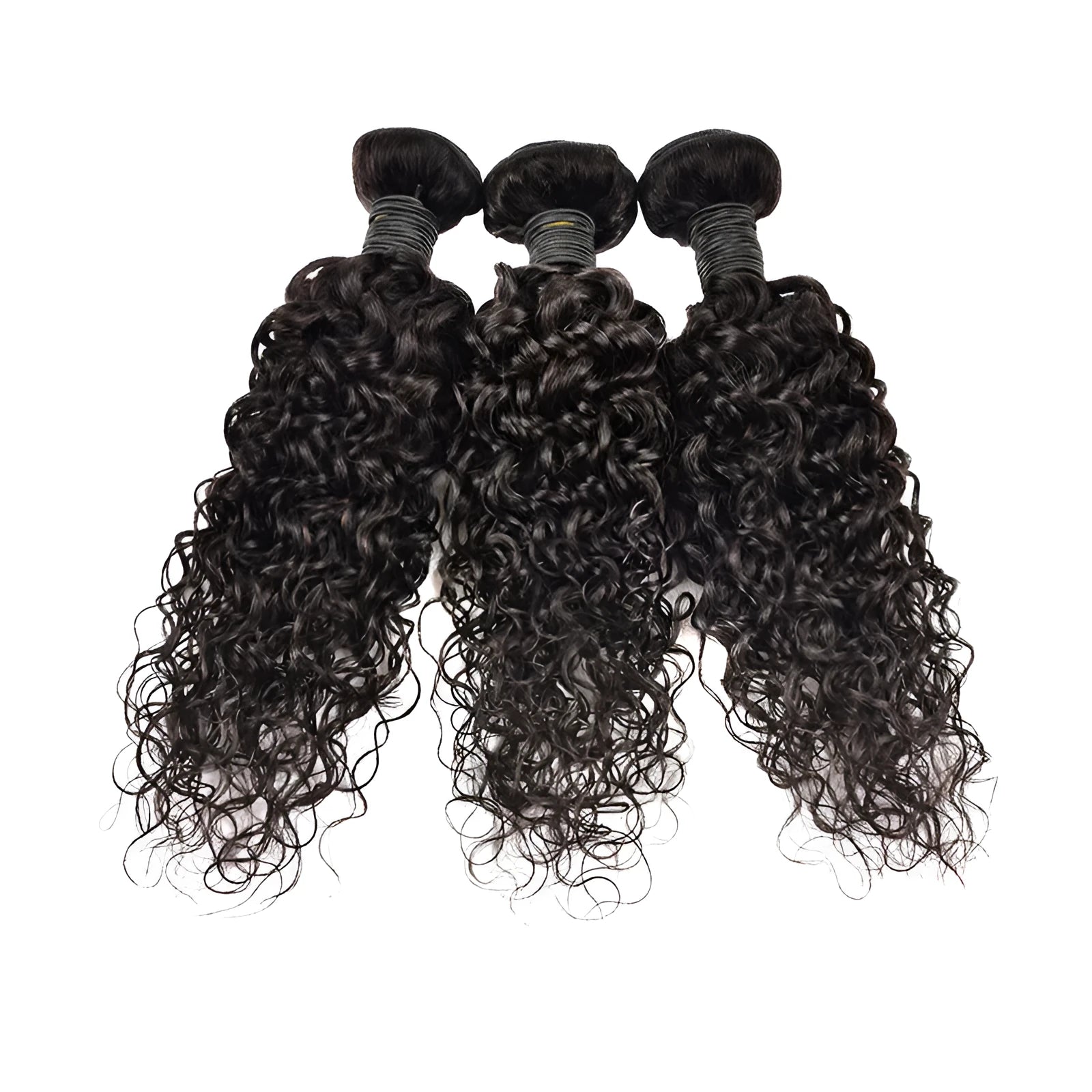 Real human hair water wave extensions in natural colours displayed at various lengths.