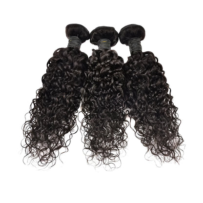 Real human hair water wave extensions in natural colours displayed at various lengths.