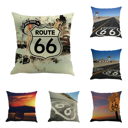 Linen cushion cover with Route 66 landscape pattern in six colour choices, 45 cm square