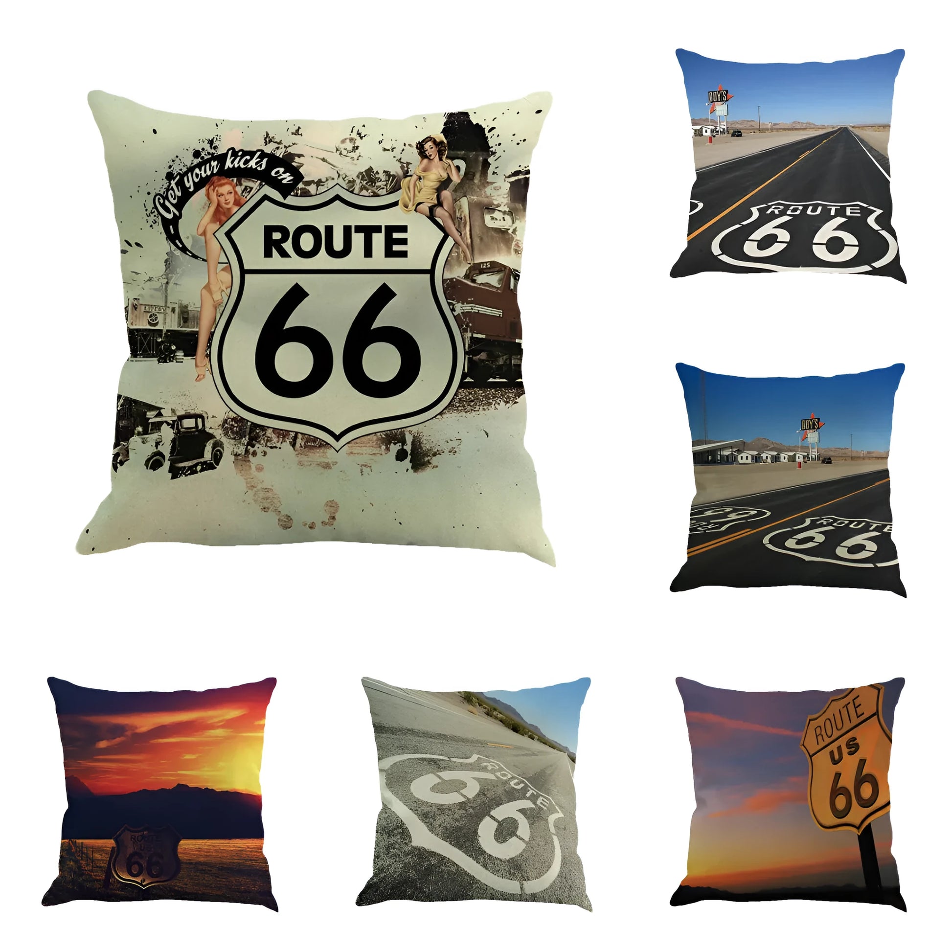 Us Route 66 linen cushion cover with landscape pattern in 45x45cm size, shown in one of six colour options on a sofa.