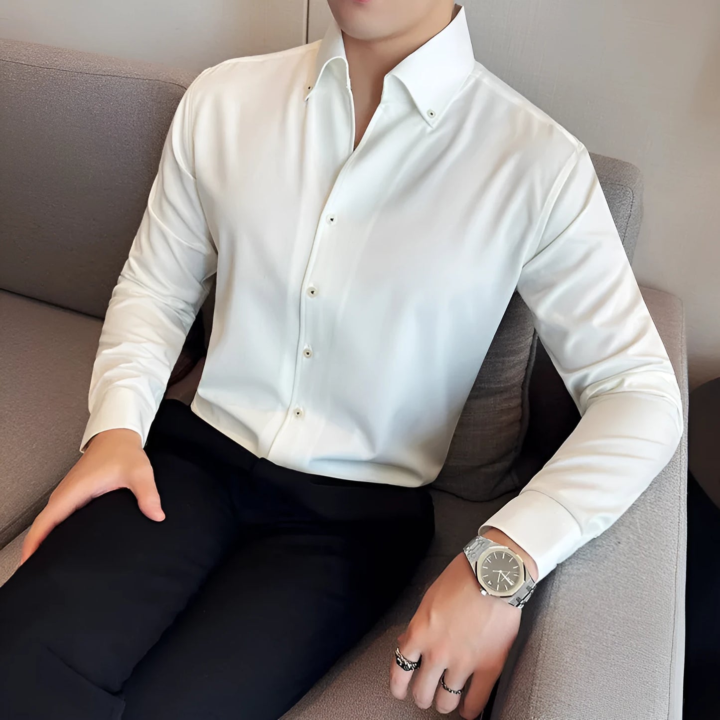 Men's slim fit long-sleeved denim shirt in black, shown on a model.