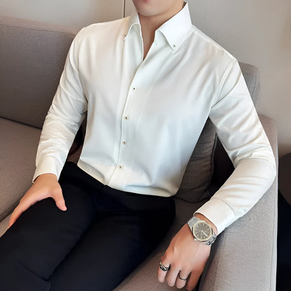 Men's slim fit long-sleeved denim shirt in black, shown on a model.