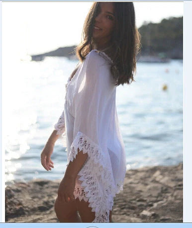 Cotton beach bikini lace white blouse for swimming with feminine detailing