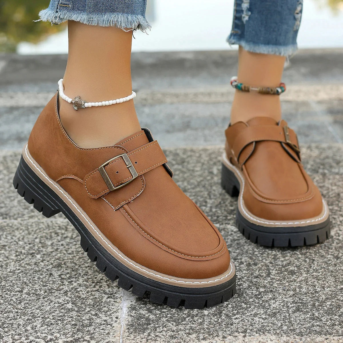 British-style women's buckle loafers with thick sole for added height