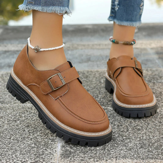 British-style women's buckle loafers with thick sole for added height