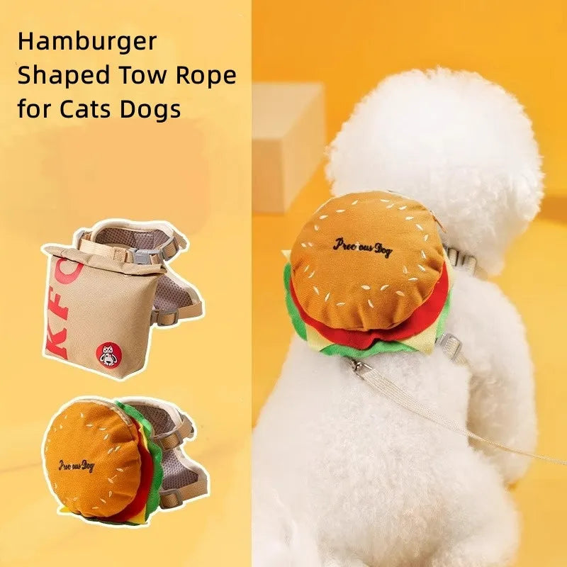 Cartoon hamburger chips design adjustable pet vest leash rope with backpack in multiple sizes