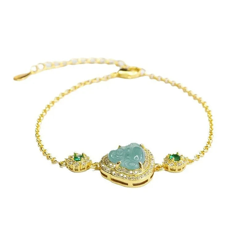 Emerald blue water jade bracelet with Maitreya Buddha beads and elastic cord