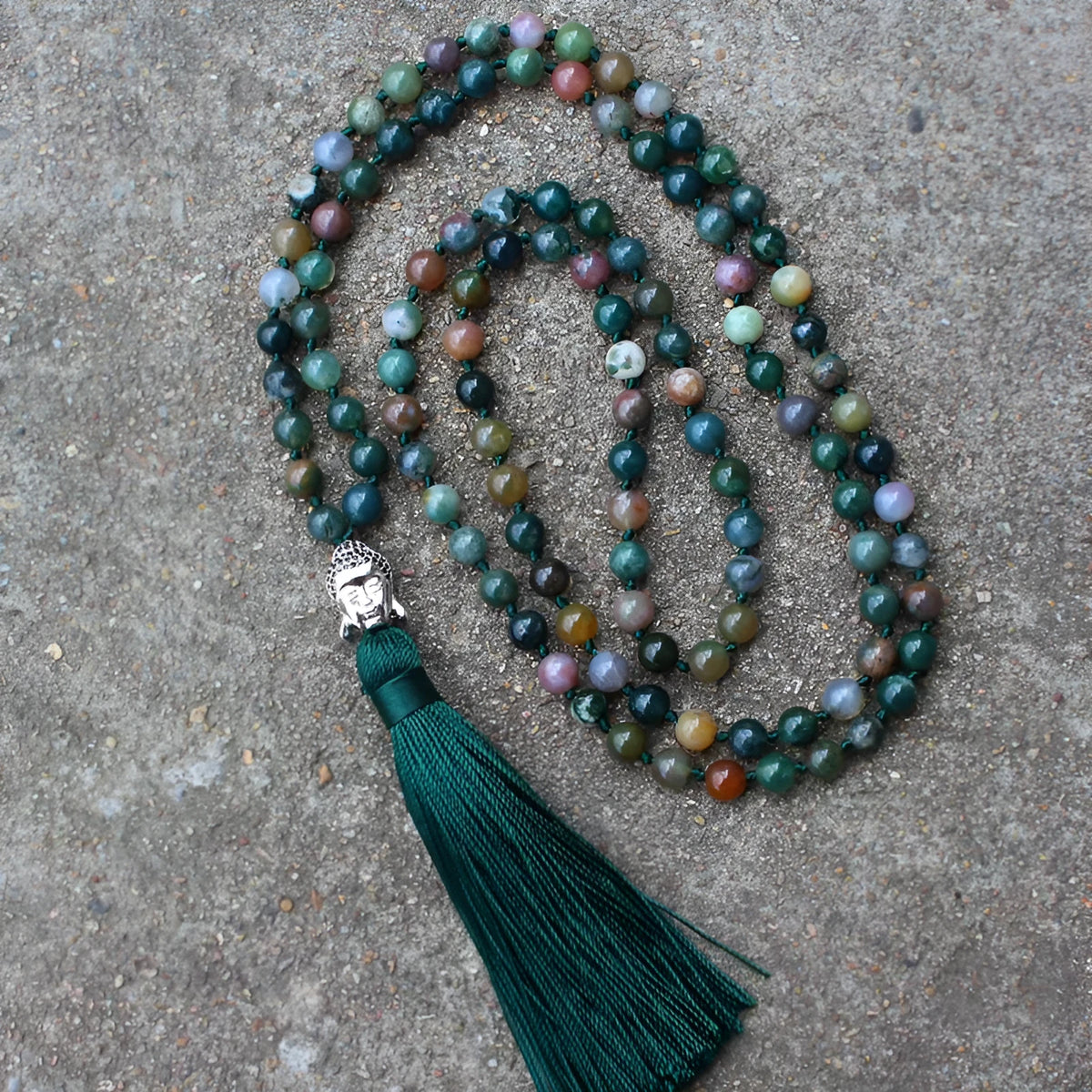 Indian agate blessing necklace with 108 geometric 6mm beads on single strand