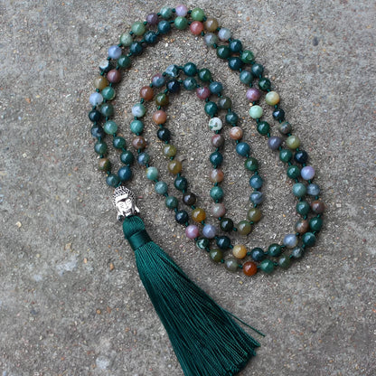 Indian agate blessing necklace with 108 geometric 6mm beads on single strand